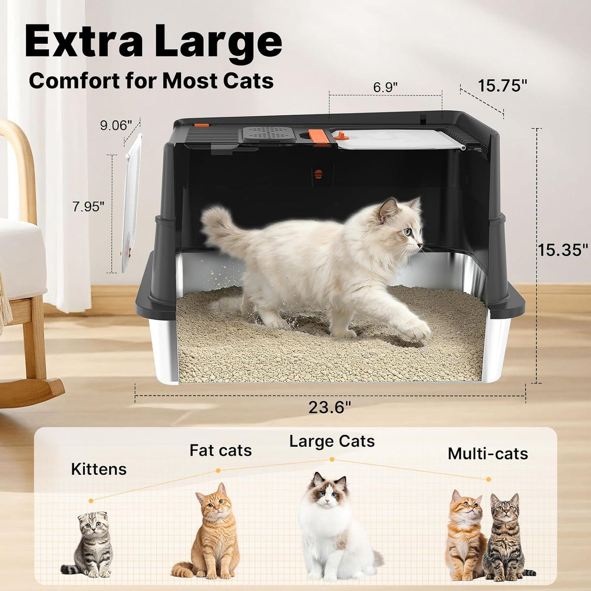 Stainless Steel Litter Box with Flip Lid, XL Extra Large Cat Litter Box with High Sided Top Entry Design, Anti-Leakage Enclosed Metal Litterbox for Big Cats, with Handle, Mat, Pedal & Scoop, Black