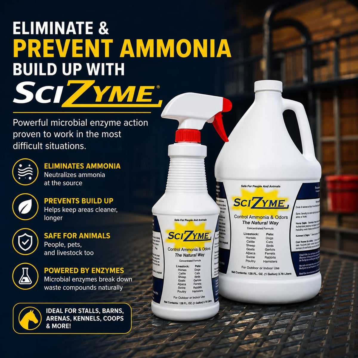 SciZyme - Enzyme Based Eliminator & Control Odors & Ammonia in Cooler Rooms, Barns, Trailers, Kennels, Etc. (Makes 16 Gallons)