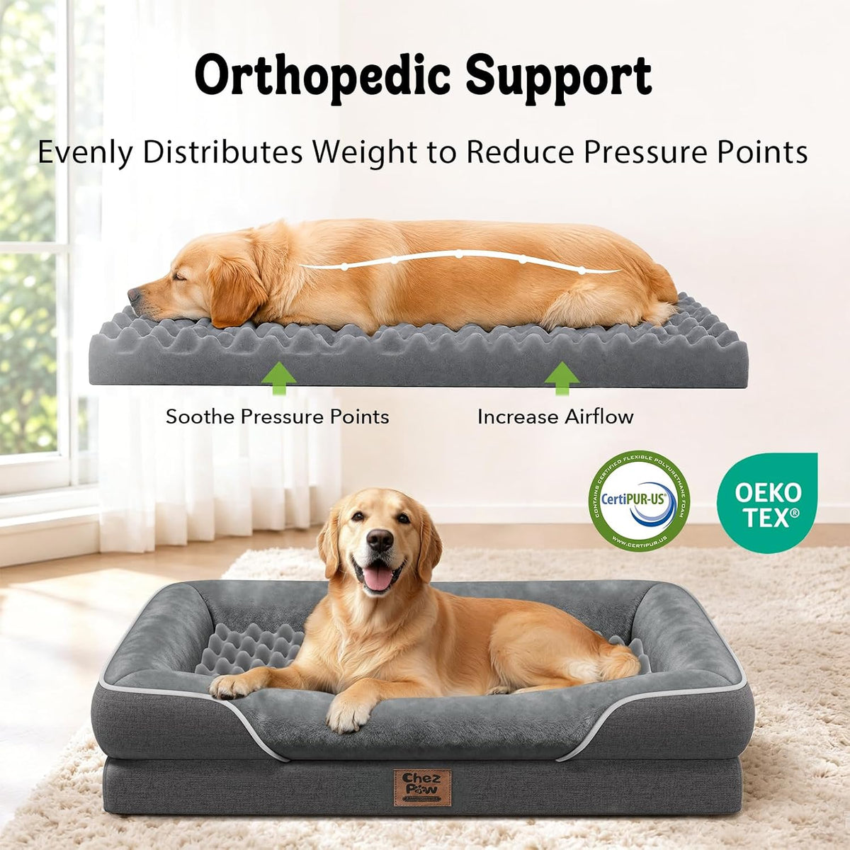Chez Paw Orthopedic Waterproof Dog Bed for Medium and Large Dogs