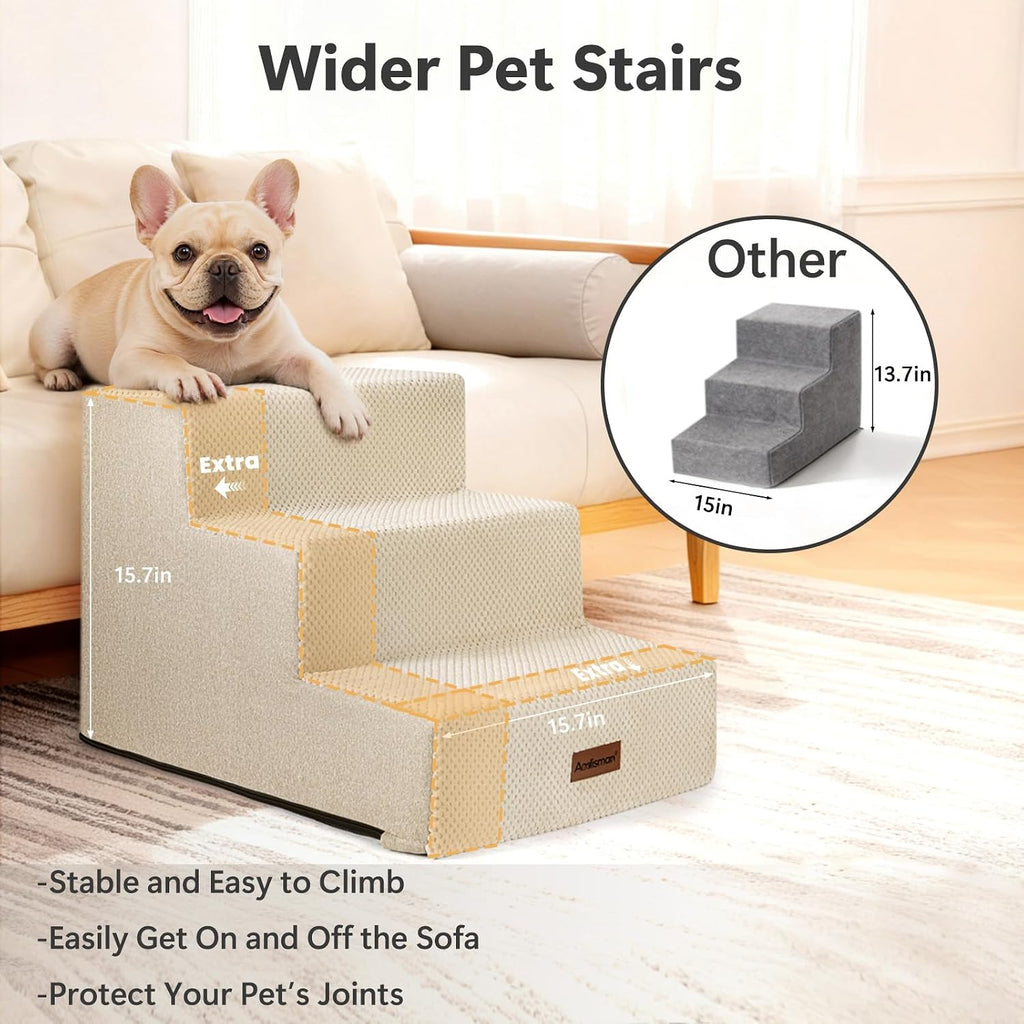 Aodisman Dog Stairs for Small Dogs,3-Step Wide Pet Stairs for Couch & Bed
