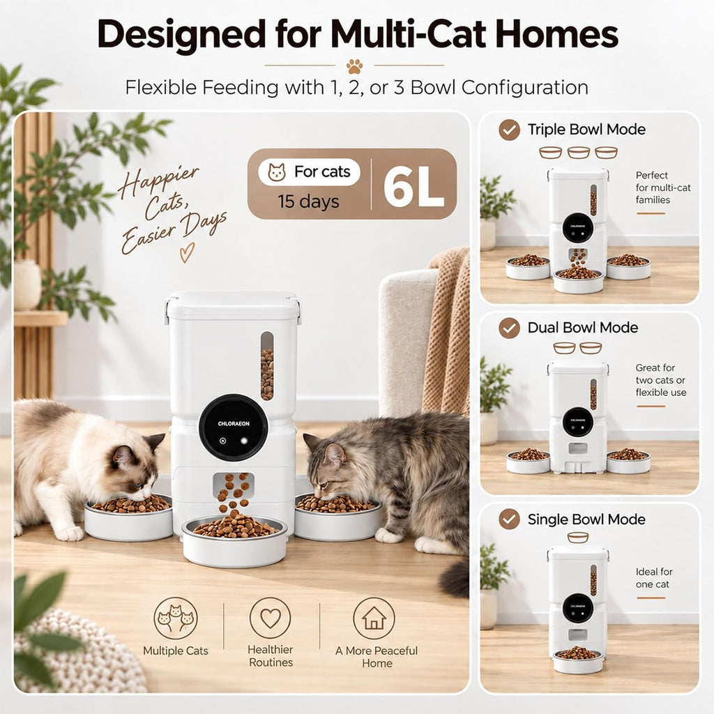 Automatic Cat Feeder for 3 Cats, 2.4GHz WiFi Slow Feed Dispenser,White