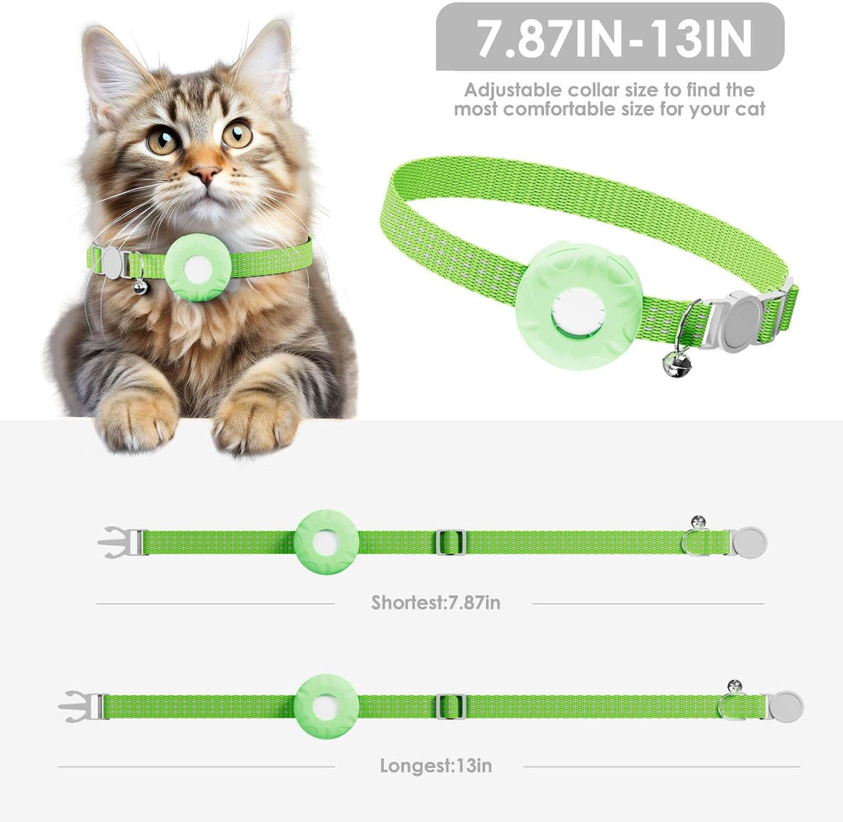Cat Tracker,GPS Tracker, Compatible with Apple Find My App(Only iOS),Cat Tracker Collar with Bell and Safety Elastic Buckle,No Monthly Fee,Territory & Location History,Smart Alerts,Green