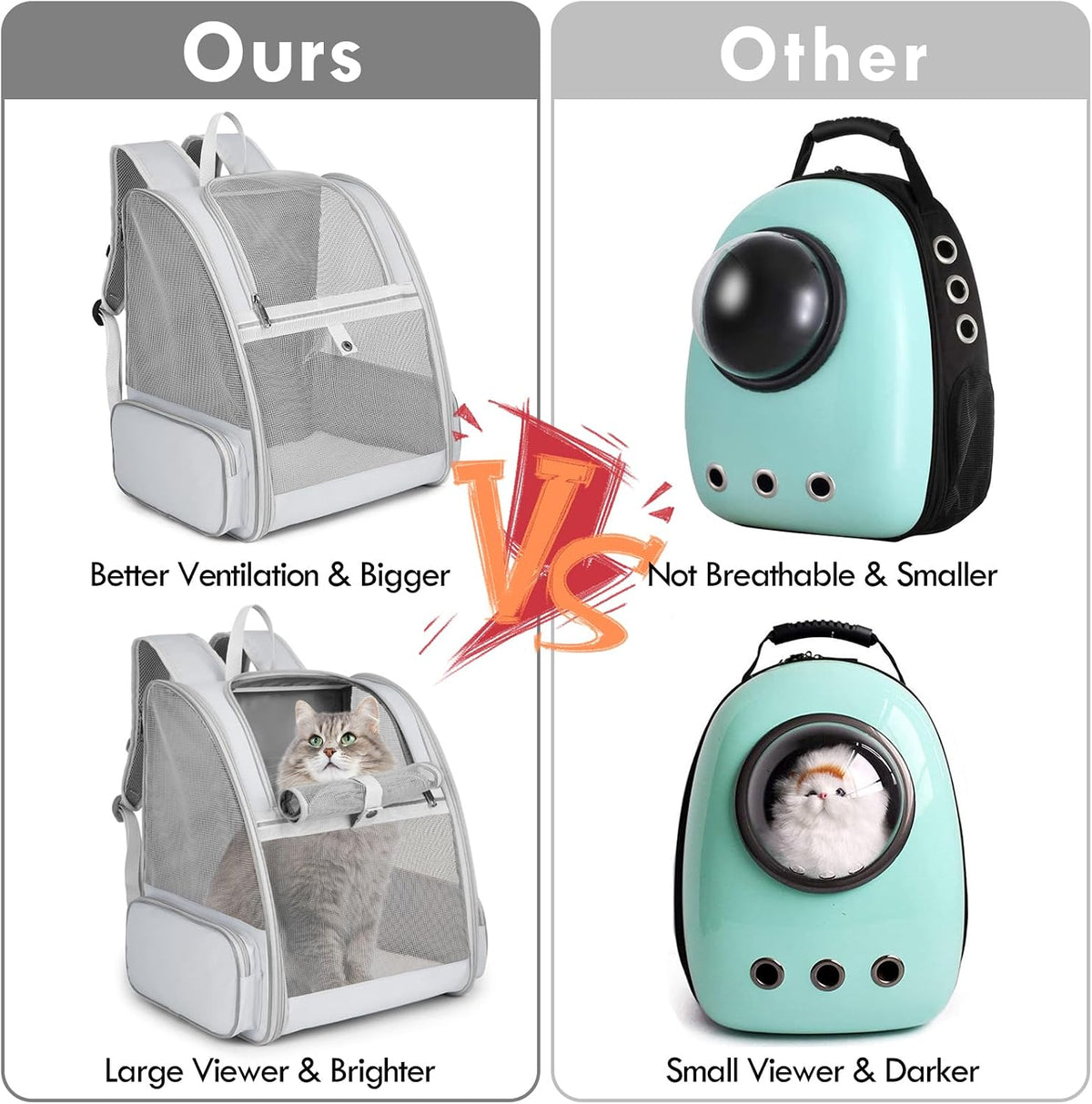 Cat Backpack Carrier, Small Dog Carrier Backpack with Fully Ventilated Mesh, Kitten Wand Feather Toy & Safety Leash, Collapsible Travel Hiking Pet Carrier for Small Dogs Cat Puppy Kitten Bunny (Grey)