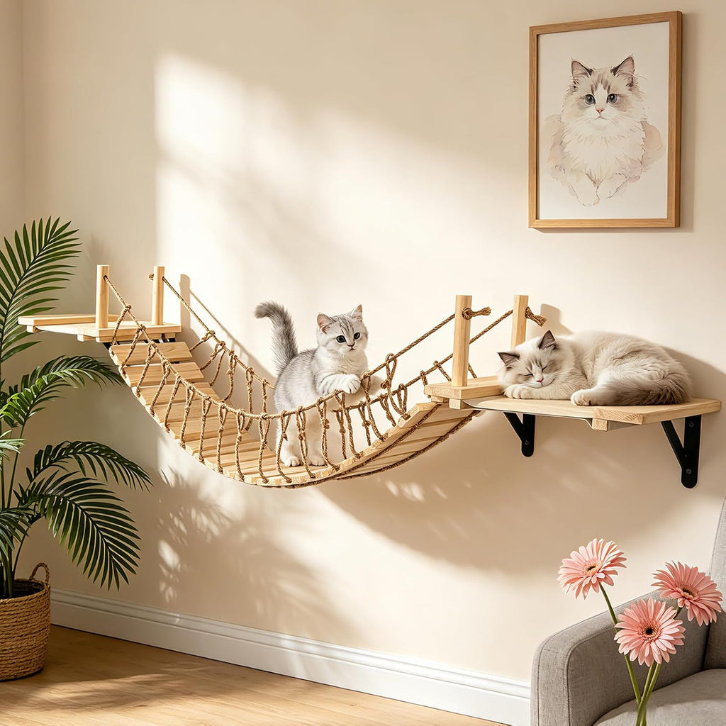 Cat Wall Shelves, Wall Mounted Cat Climber Set, 70" Cat Bridge Hammock Tree with Mounted Perch & Cloud Shelf for Cats Climb, Jump (H01)
