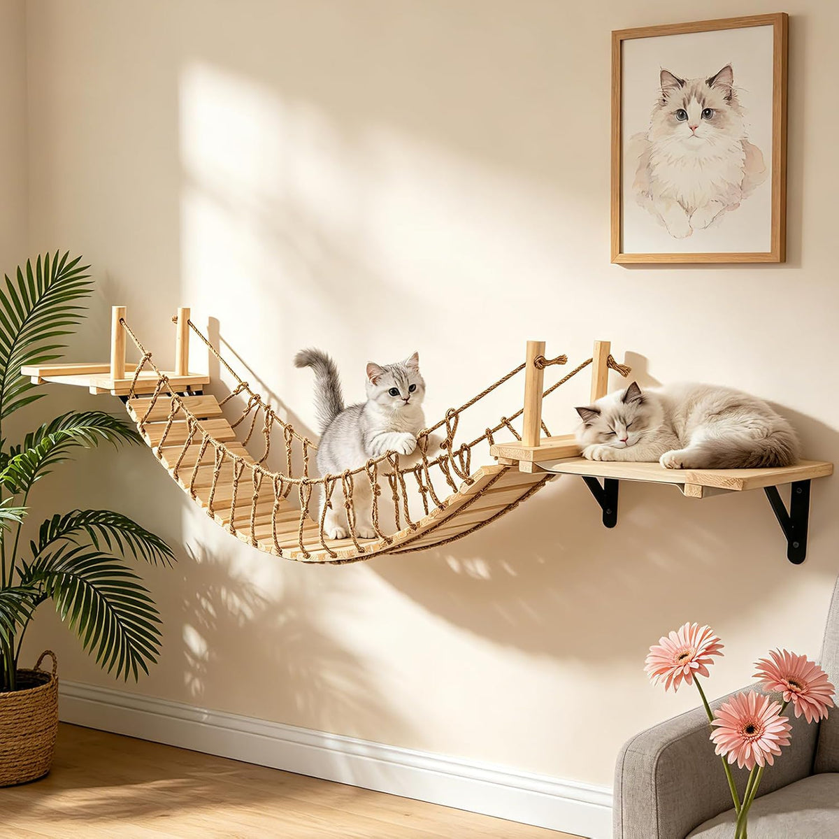 Cat Wall Shelves, Wall Mounted Cat Climber Set, 70" Cat Bridge Hammock Tree with Mounted Perch & Cloud Shelf for Cats Climb, Jump (H01)