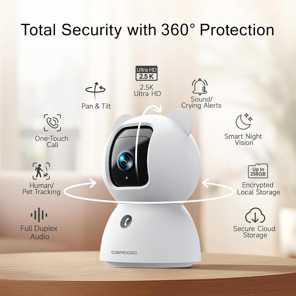 2.5K Indoor Security Camera, Free AI Person/Pet/Cry Detection, 4MP Baby Monitor/Dog/Cat/Pet Camera with Phone App, Pan Tilt 2.4GHz WiFi, Night Vision, Full Duplex Audio for Home Security