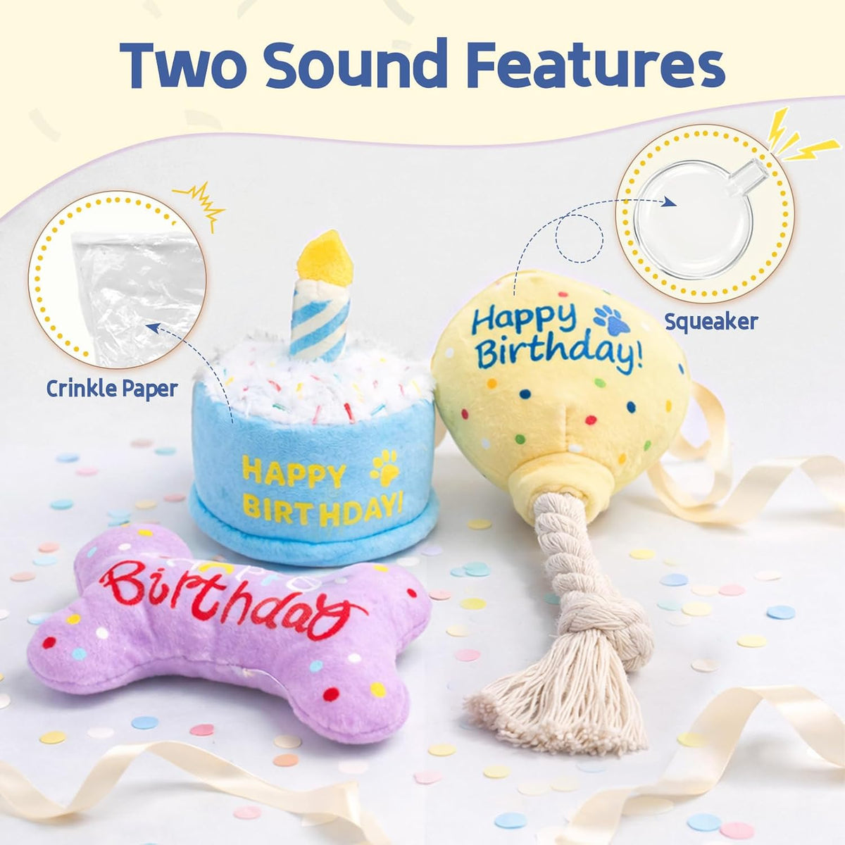 3-Pack Dog Birthday Toys | Crinkle Cake Toy, Rope Balloon and Squeaky Bone, Birthday Gift Set, for Small and Medium Dogs