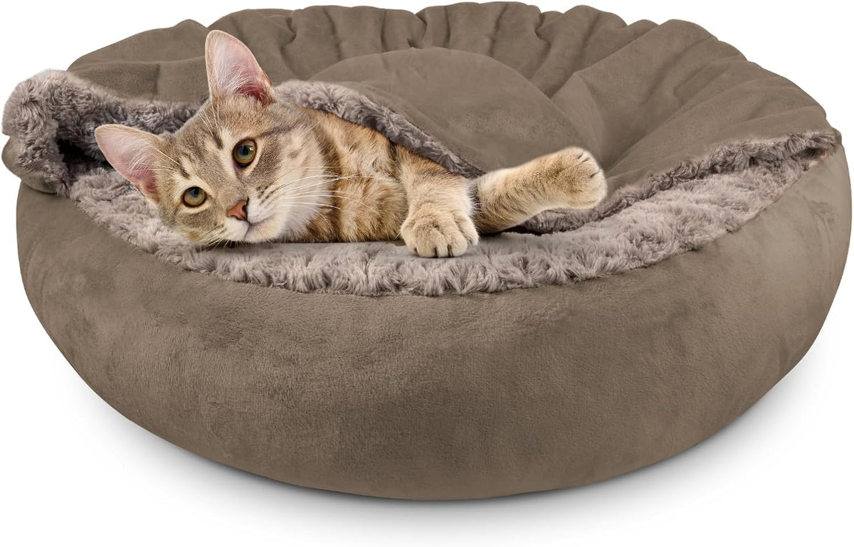 JOEJOY Small Dog Bed Cat Bed with Hooded Blanket, Cozy Cuddler Luxury Puppy Pet Bed, Donut Round Calming Anti-Anxiety Dog Burrow Cave Bed - Anti-Slip Bottom and Machine Washable 23 inch