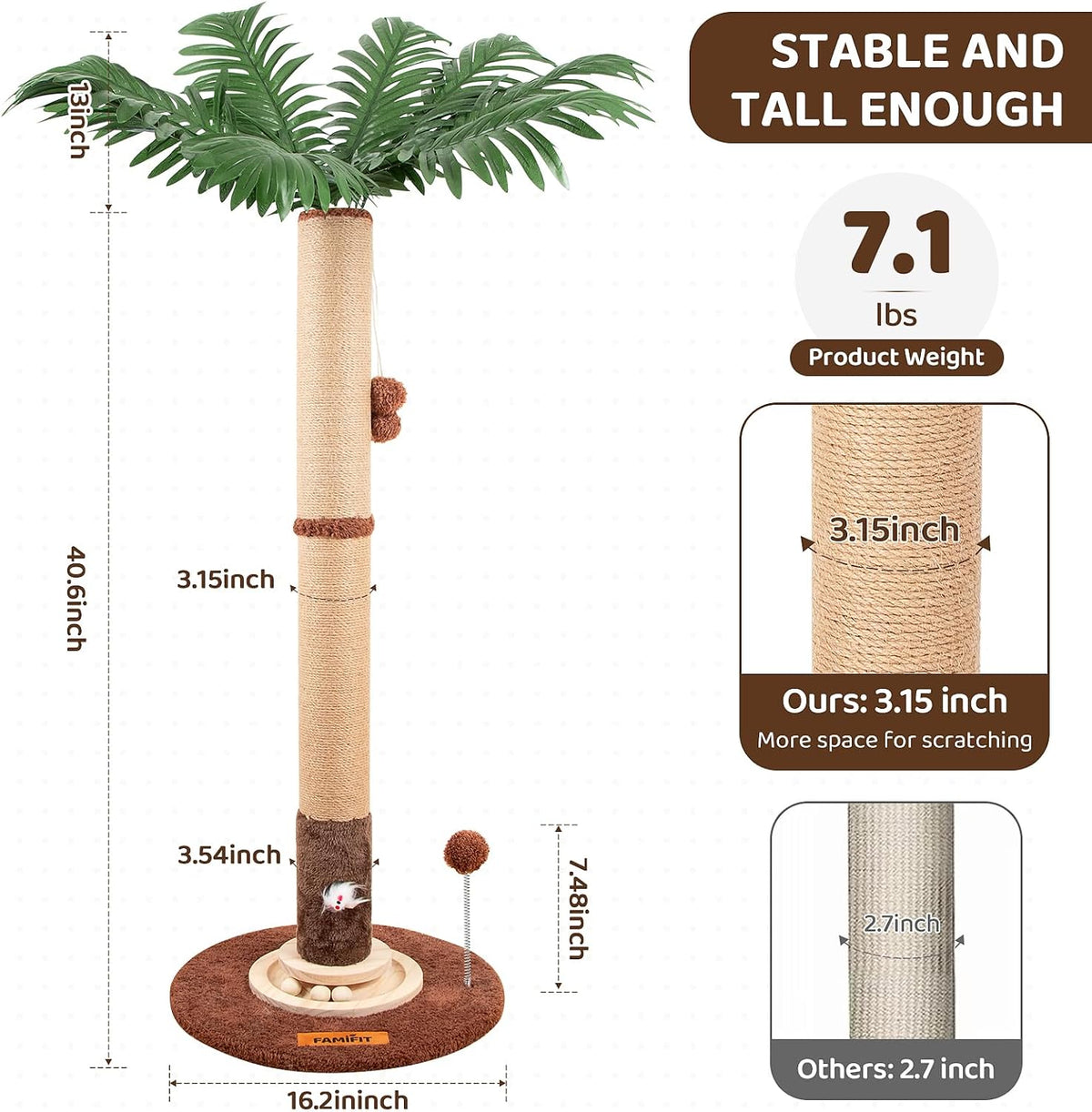 【Material Upgrade】 Famifit 53.6" Palm Tree Cat Scratching Post, Tall Tree