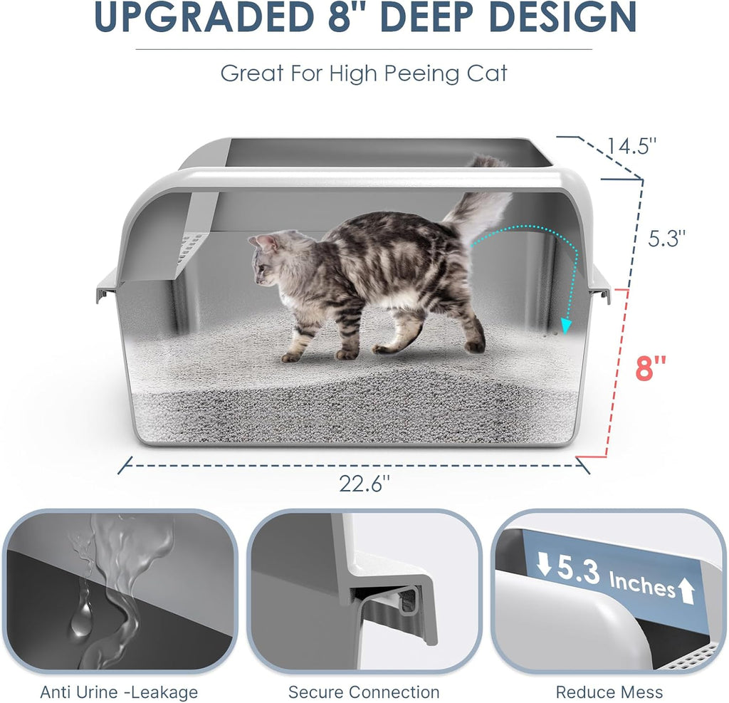 Suzzipaws XL 8" Deep Enclosed Stainless Steel Cat Litter Box for Big Cats | High-Side Anti-Leakage Structure, Non-Sticky Surface, Simple Daily Cleaning, Comes with Scoop & Filter for Multi-Cat Homes
