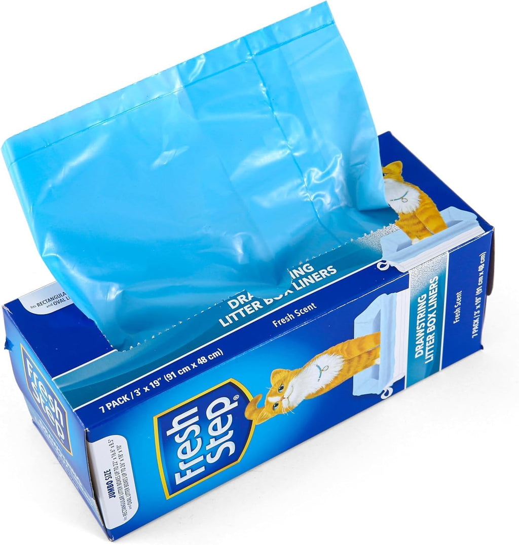 Fresh Step Drawstring Cat Litter Liners, Scented, 3 ft x 19 in, 7 Ct, 36-Pk | Heavy-duty bags for X-large oval or rectangle pans, drawstring closure for easy, mess-free lift-out cleanup