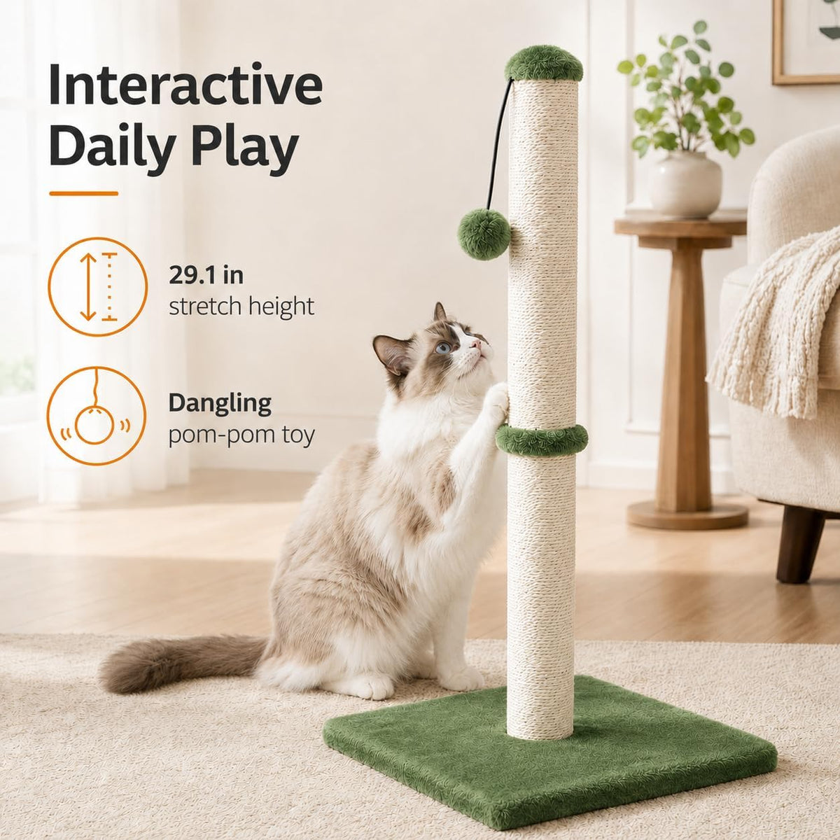 Dimaka Tall Cat Scratching Post, Claw Scratcher with Sisal Rope and Covered with Soft Smooth Plush, Vertical Scratch [Full Strectch] for Standard Size Cats (Green, 34 inches for Large Cats)