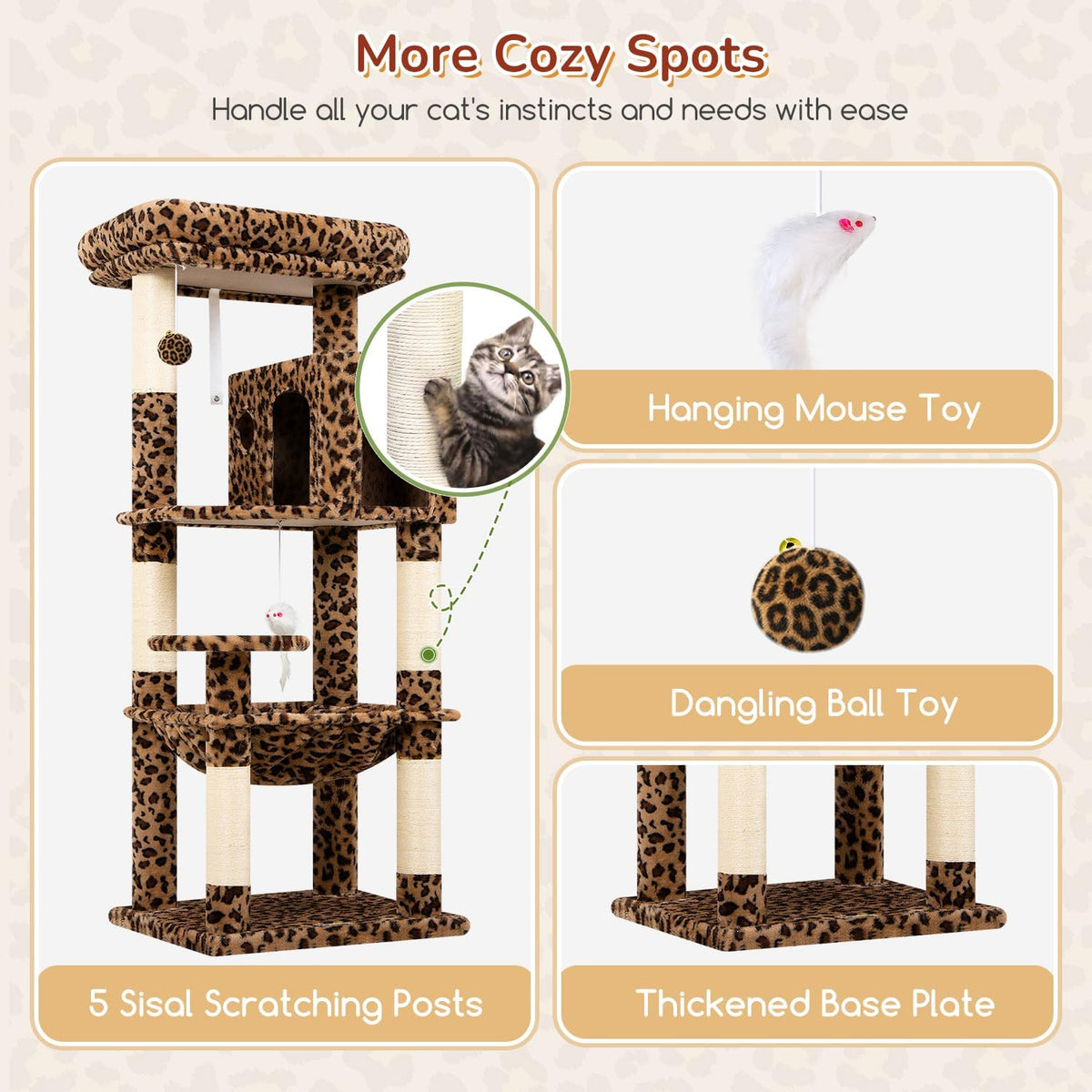 Globlazer Leopard Cat Tree Tower with Scratching Post for Indoor Cats, F53