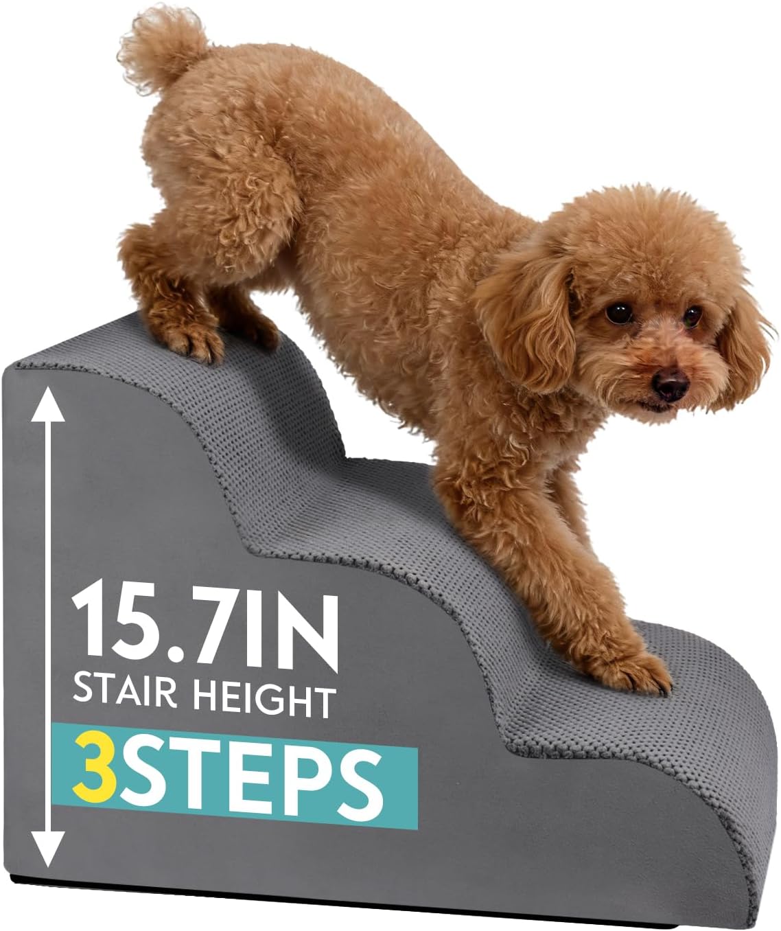 Dog Stairs for Small Dogs 15.7" H, 30D High Density Whole Foam, Corduroy Fabric, Pet Stairs 3-Steps Ramp for Puppy, Older Cat, Non-Slip Bottom Dog Steps for Bed and Couch (Grey, 3-Step)