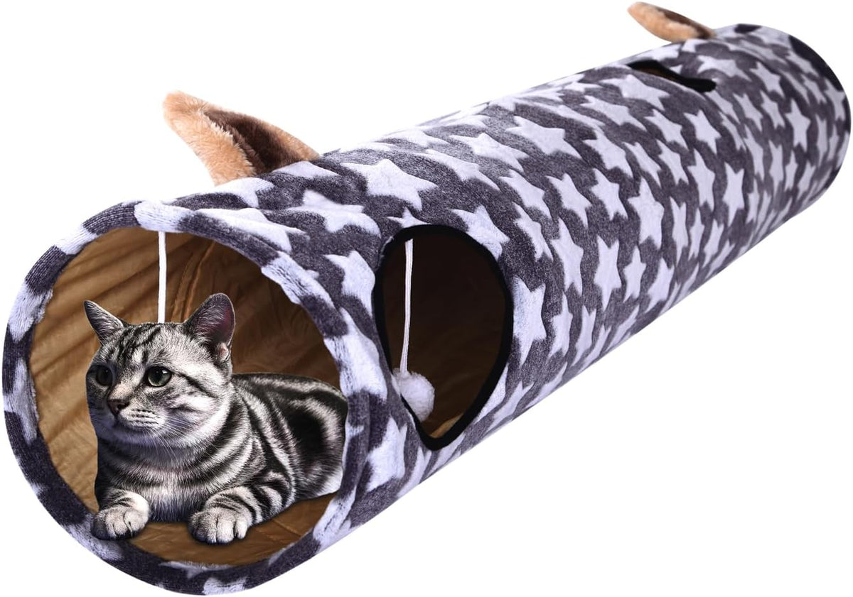 Cat Tunnel -Straight-Shaped, Gray Star Pattern, Soft Velvet Exterior, Oxford Fabric Fog-Proof Interior, Plush Toy Ball, Easily Washable, Conveniently Foldable, 47.2in/120cm