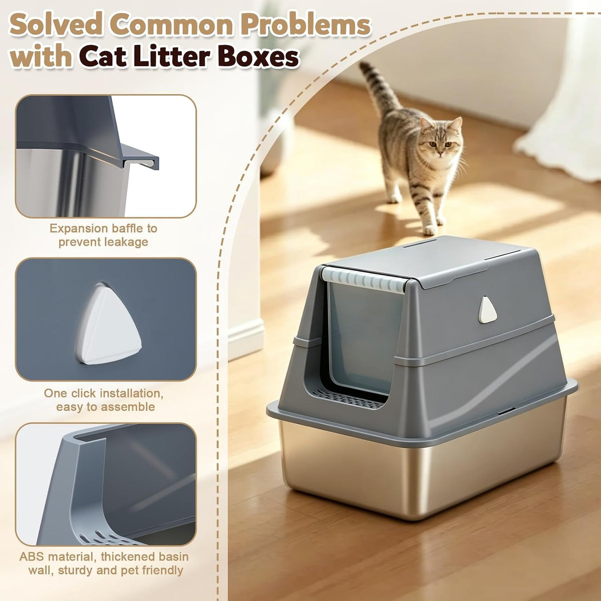Stainless Steel Litter Box with Lid,Large Covered Enclosed Kitty Box,Enclosed High Sided Litter Box with Moveable Lid,Odor Free, Anti-Leakage with Litter Scoop for Kitty to Medium Cats(Grey)
