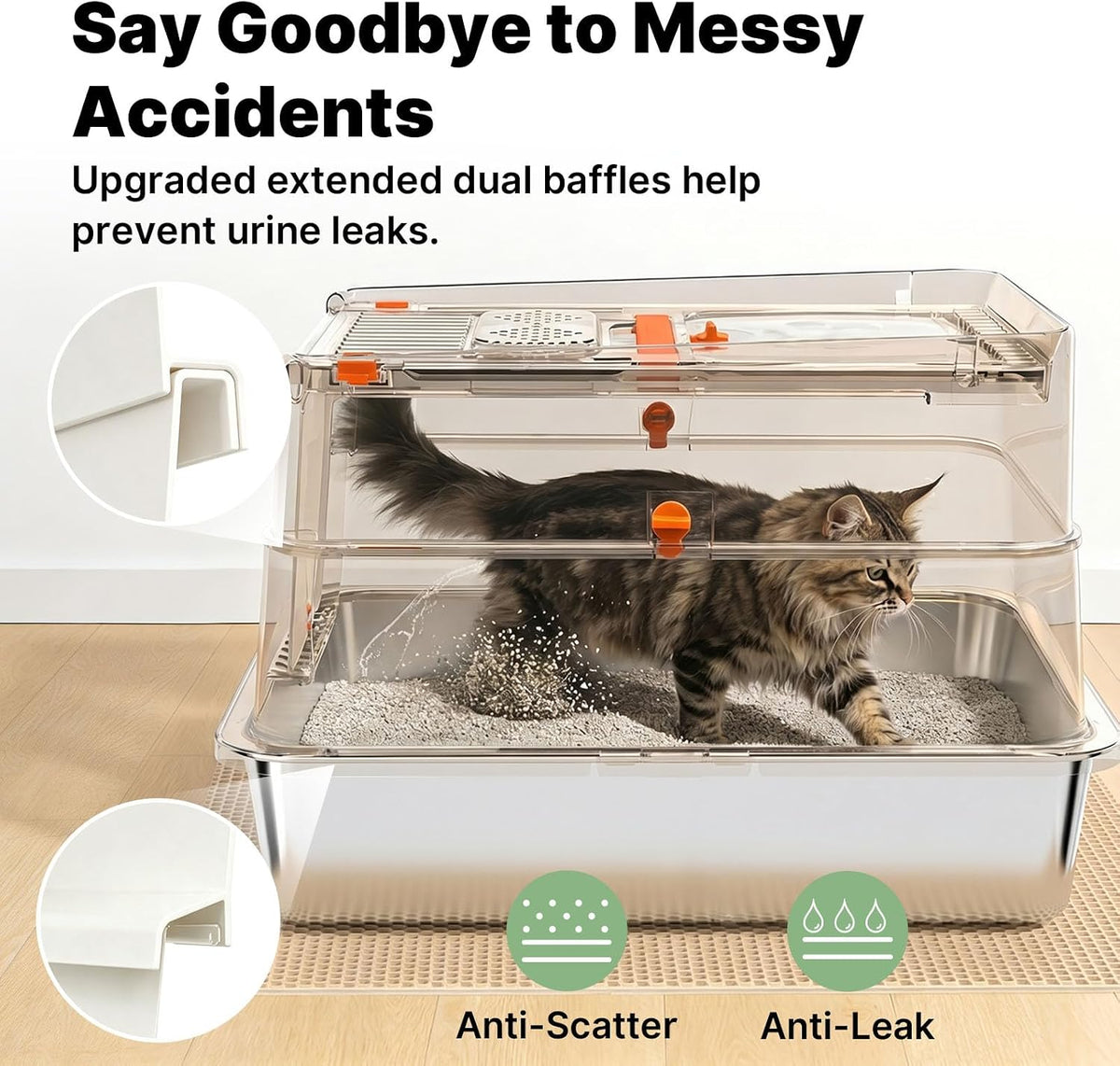 Stainless Steel Litter Box with Flip Lid, XL Extra Large Cat Litter Box with High Sided Top Entry Design, Anti-Leakage Enclosed Metal Litterbox for Big Cats, with Handle, Mat, Pedal & Scoop, Beige