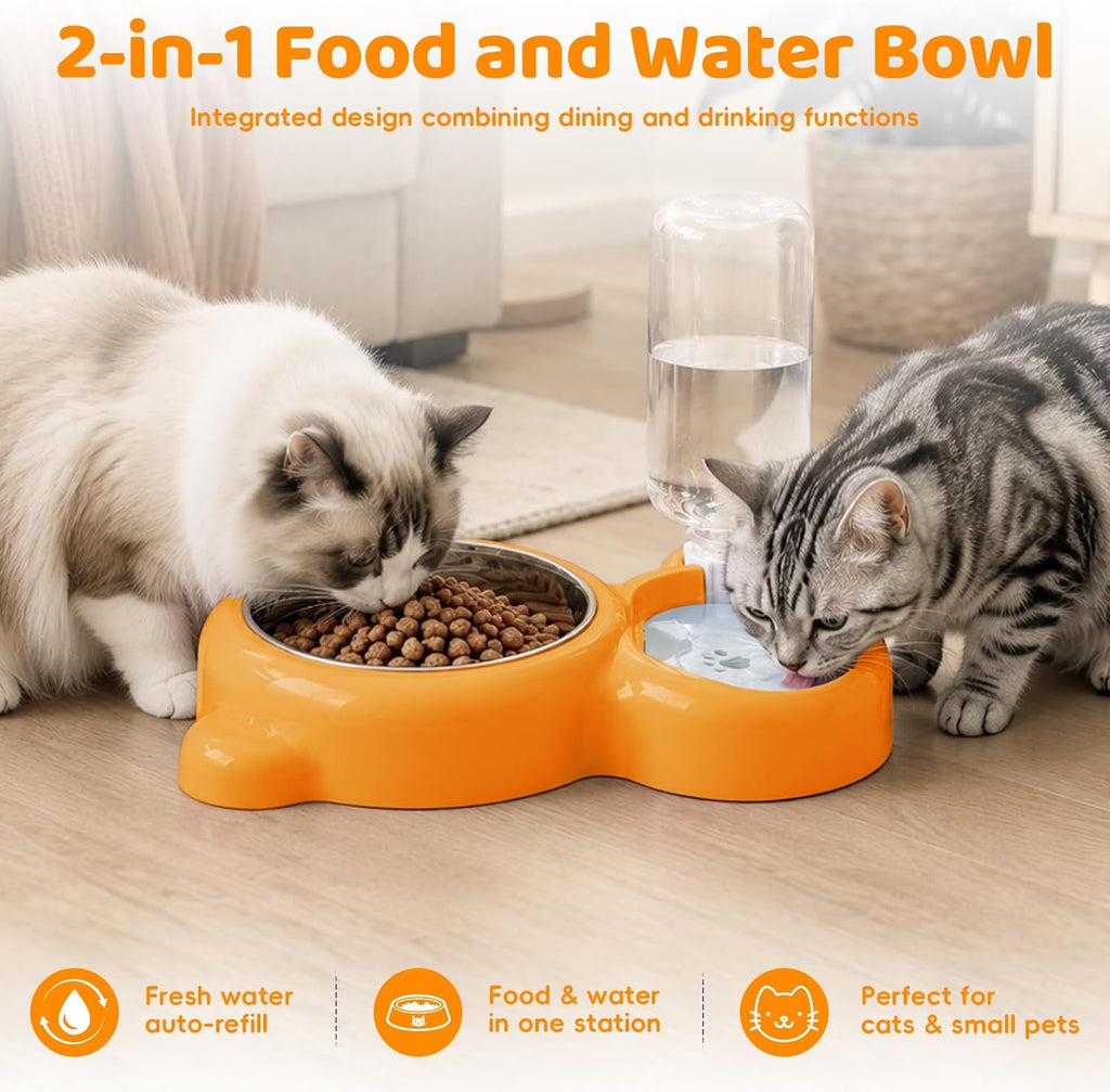 2-in-1 Dog Cat Bowl, Cat Food and Water Bowl Set, Orange