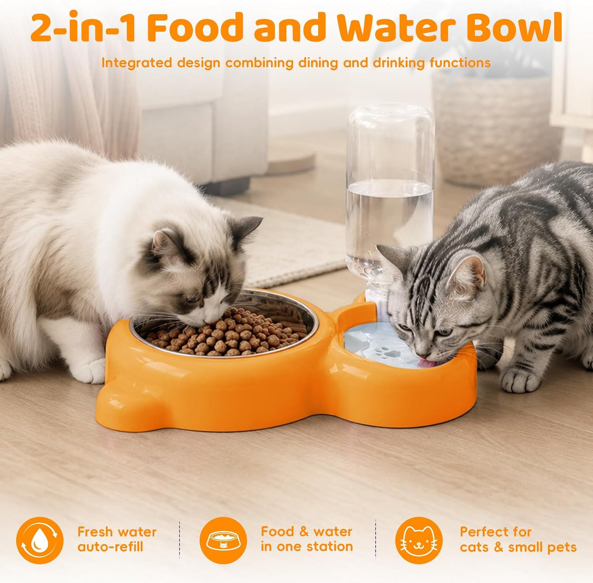 2-in-1 Dog Cat Bowl, Cat Food and Water Bowl Set, Orange