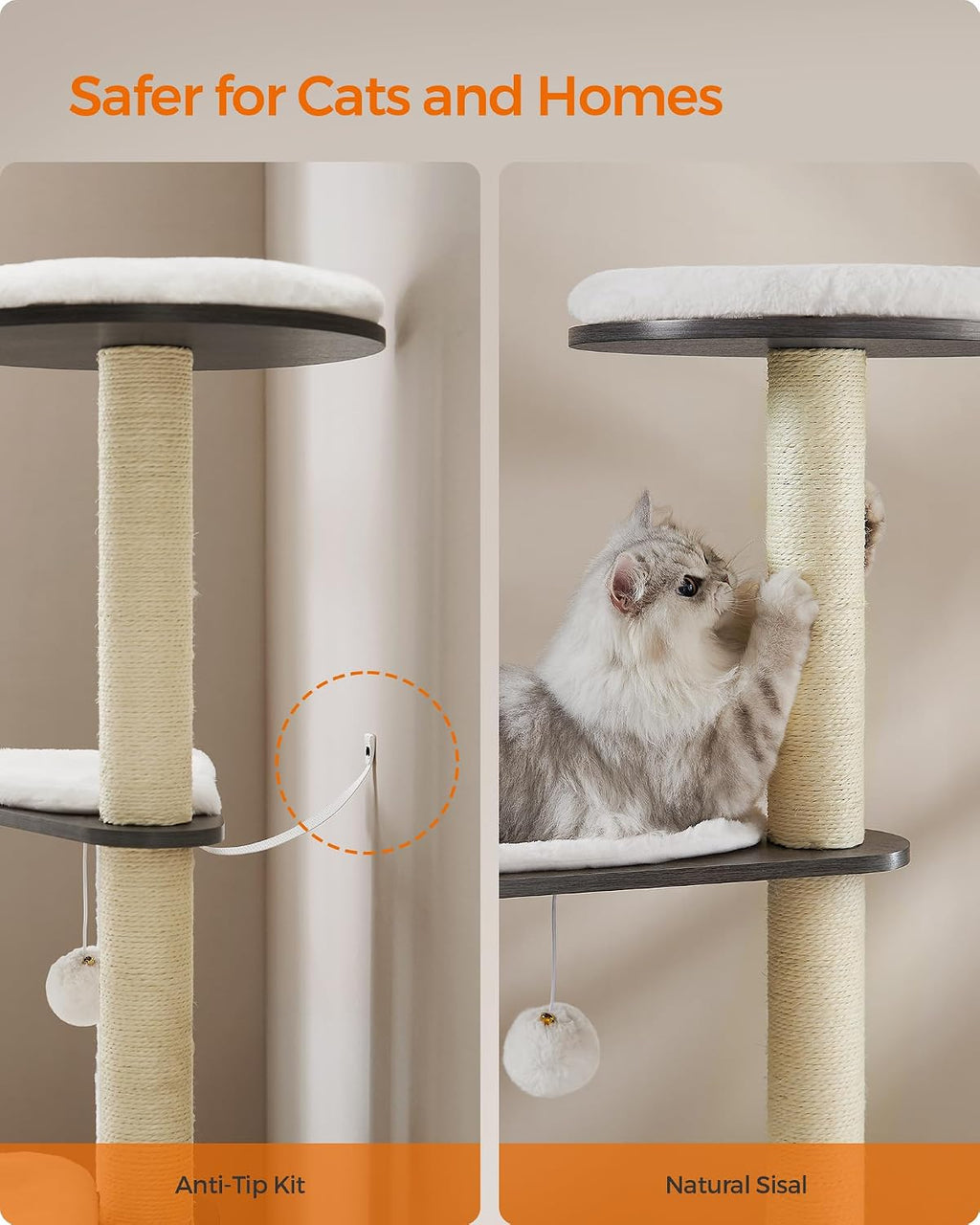Feandrea Cat Tree, 65-Inch Multi-Level Tower with 5 Scratching Posts