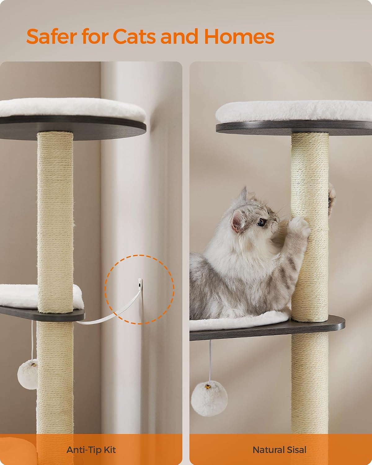 Feandrea Cat Tree, 65-Inch Multi-Level Tower with 5 Scratching Posts