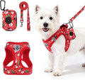 PAWCHIE Christmas Dog Harness and Leash Set, Step in No Pull Soft Pet Harness, Reflective Adjustable Puppy Vest for Medium Dogs,No Choke Harness Vest with Poop Bag Holder for Walking,Running, Red S