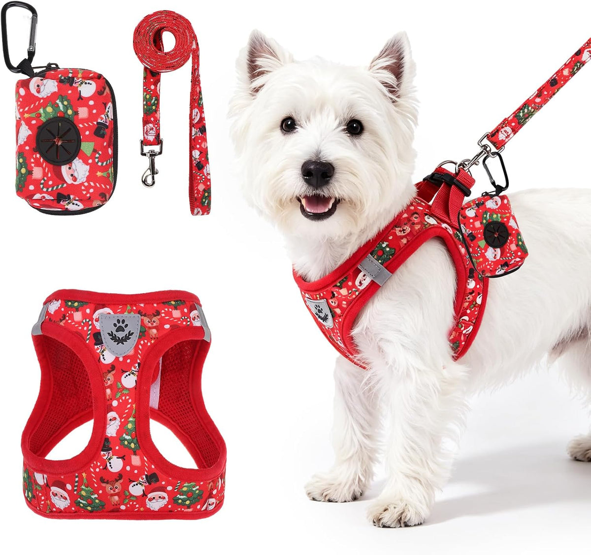 PAWCHIE Christmas Dog Harness and Leash Set, Step in No Pull Soft Pet Harness, Reflective Adjustable Puppy Vest for Medium Dogs,No Choke Harness Vest with Poop Bag Holder for Walking,Running, Red S