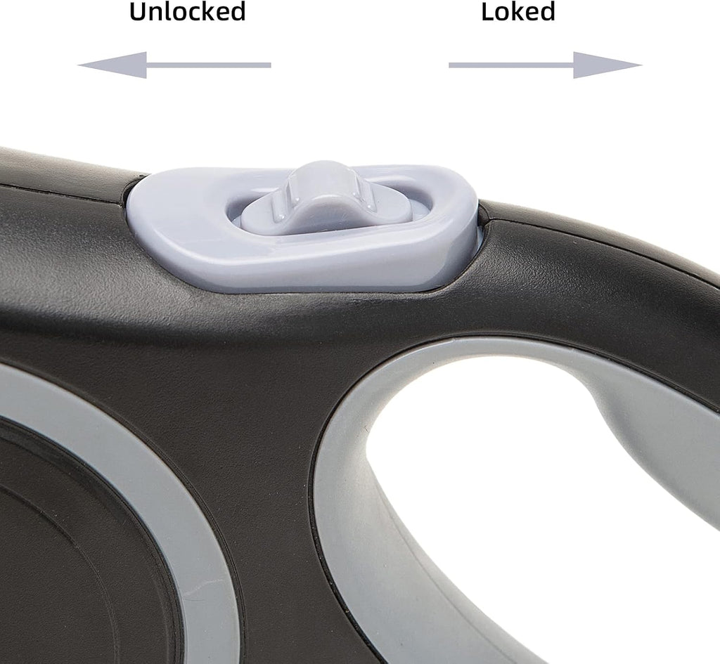 PINA Retractable Dog Leash, 26ft Dog Leash for Small Medium Large Dogs Up to 110lbs, 360° Tangle-Free Strong Reflective Nylon Tape, with Anti-Slip Handle, One-Handed Brake, Lock - Black Gray
