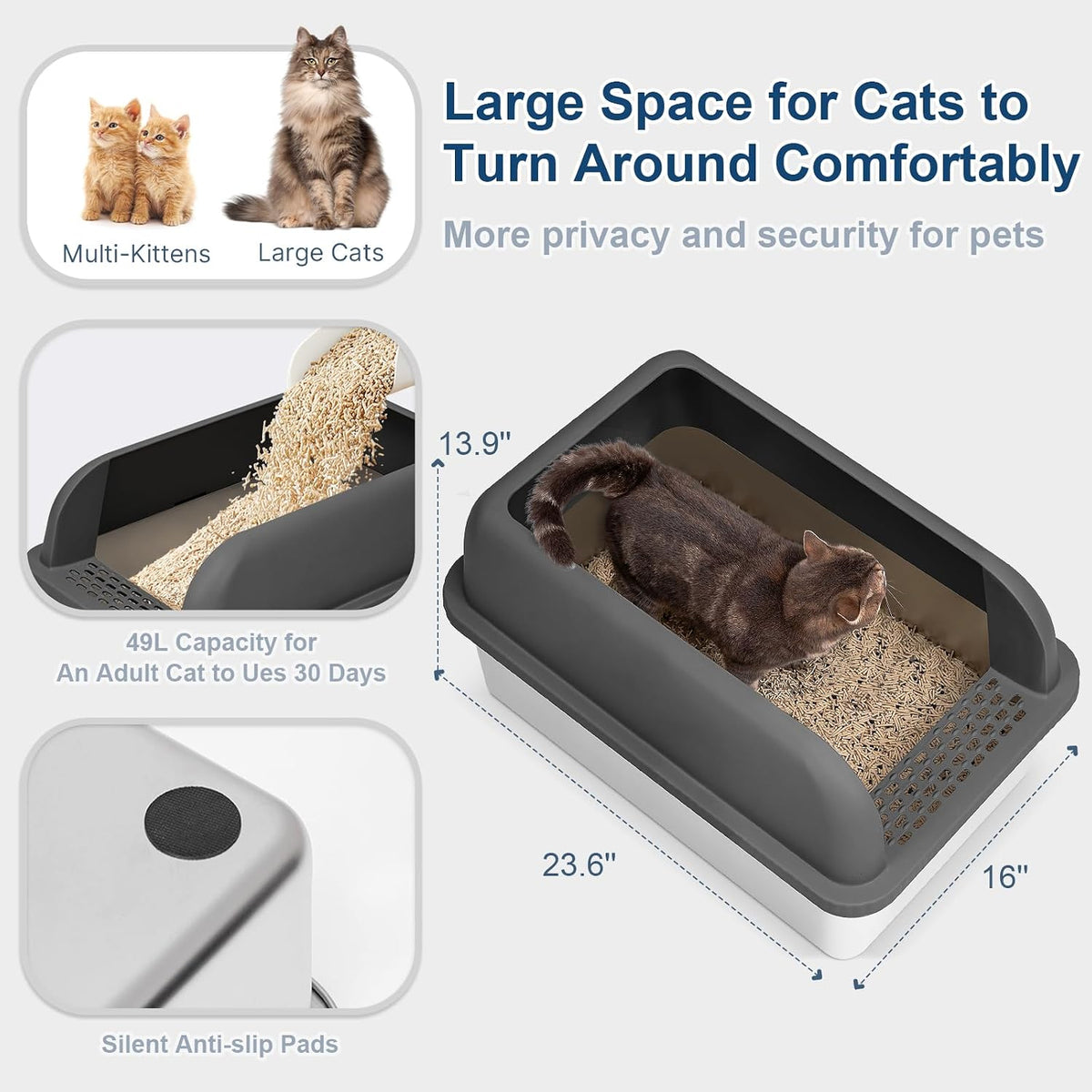Suzzipaws XL 8" Deep Enclosed Stainless Steel Cat Litter Box for Big Cats | High-Side Anti-Leakage Stainless Steel Litter Box, Non-Sticky, Easy-Clean, Less Tracking for Multi-Cat Homes, Charcoal Gray
