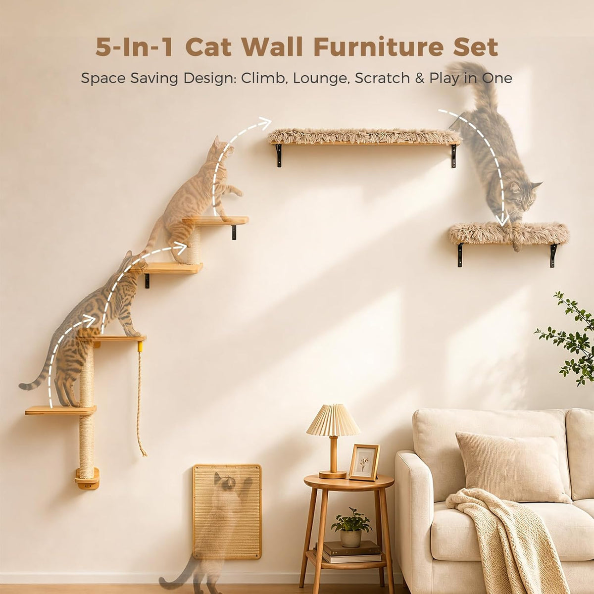 PAWZ Road Cat Wall Shelves, Modern Cat Wall Furniture with Sisal Posts
