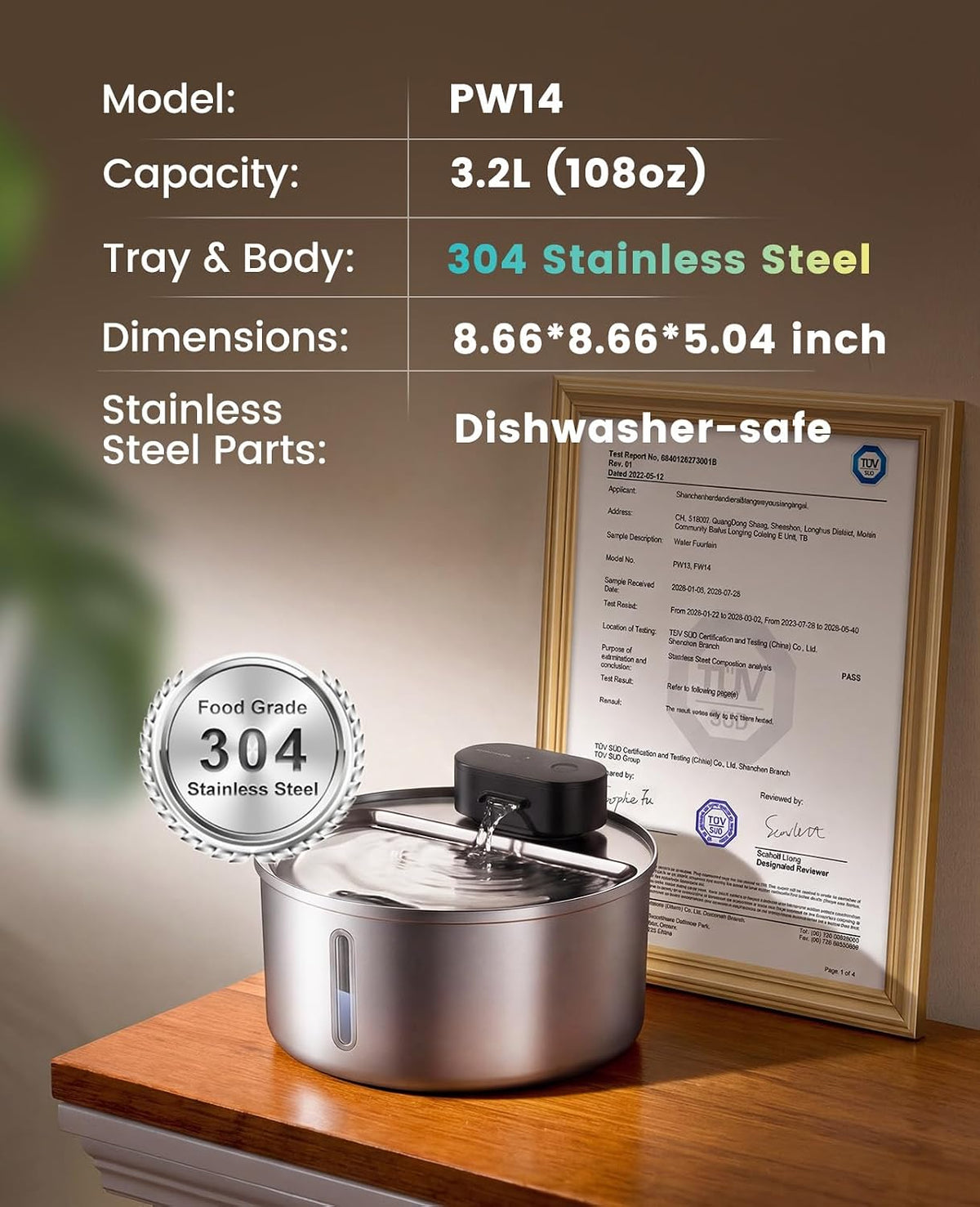 oneisall 108oz/3.2L Wireless Stainless Steel Cat Water Fountain