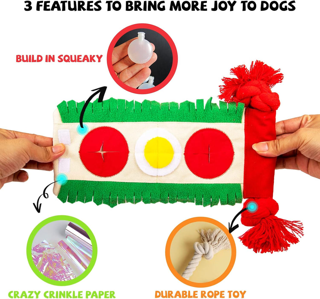 lilfrd Burrito Snuffle Mat Dog Toy, Squeaky Crinkle Rope Puzzle Taco Toy | Treat Dispensing, Boredom Relief, Suitable for Small Medium Dogs