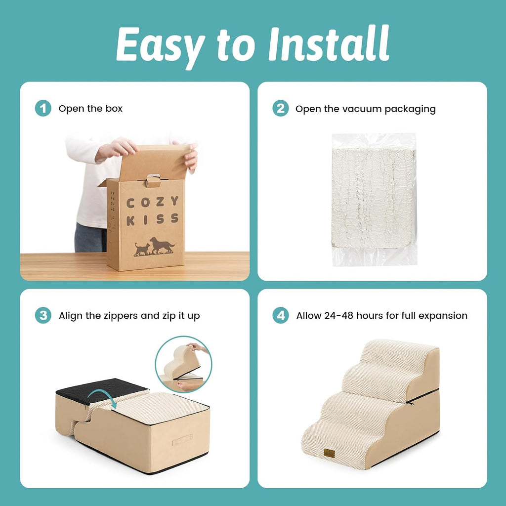 COZY KISS Detachable Small Dog Stair 19.7"H, 4 Step Pet Ramp for Bed, Beige