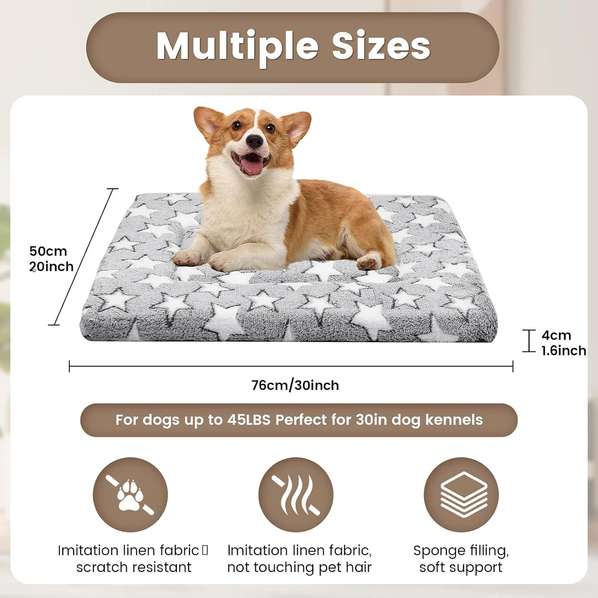 Dog Crate Mats, Dog Bed Mat, Cat Mat - Short Plush Pet Mat Crate Pad for Small Dogs, 1.6-inch Thick Thin Dog Mat, Machine Washable (Grey Star, 30.0" L x 20.0" W x 1.6" Th)