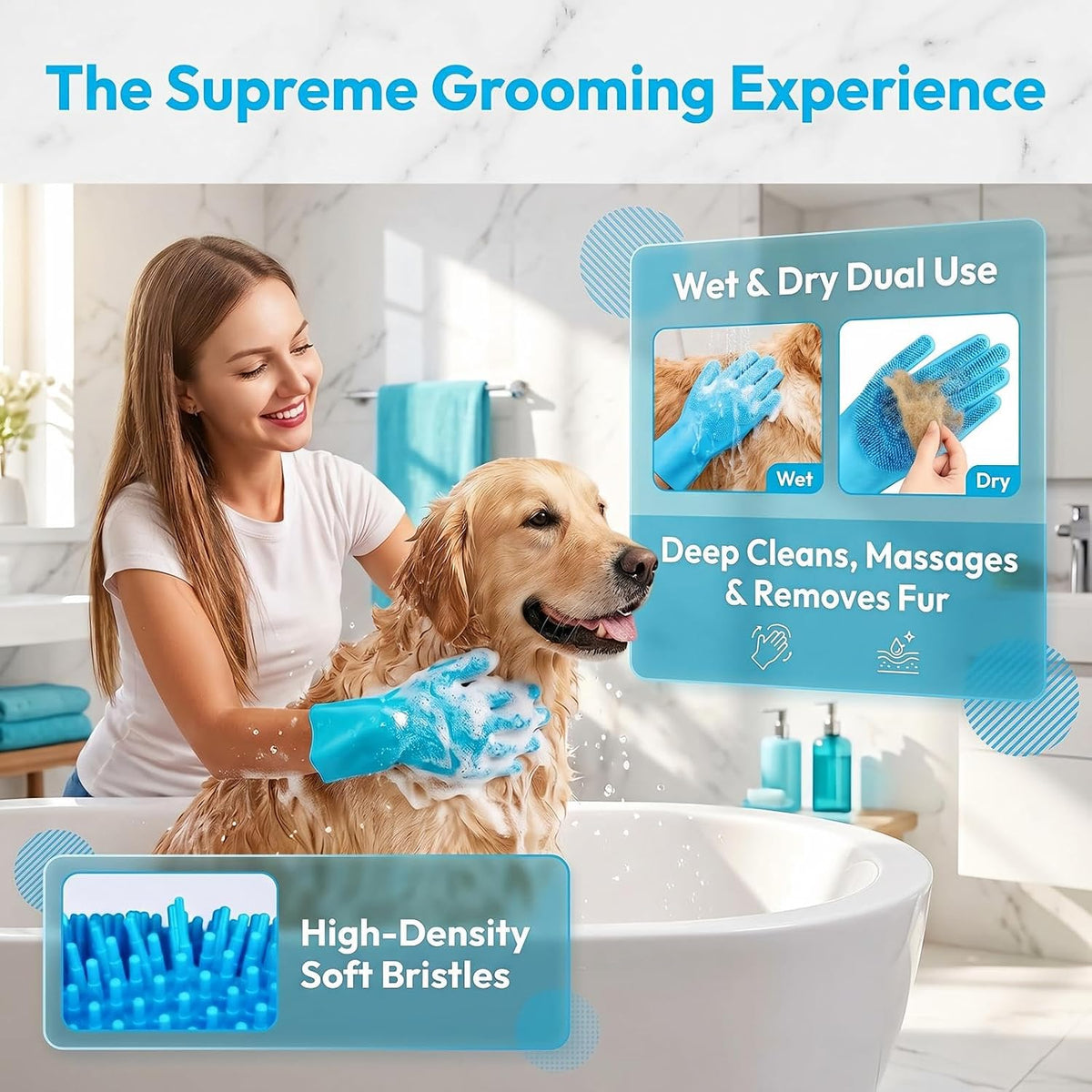 Dog Bath Glove Brush Set, 2PCS Silicone Pet Bathing Gloves with Shampoo Dispenser Scrub Brush, Gentle Massage & Hair Removal Grooming Tool for Dogs Cats Puppy Shower