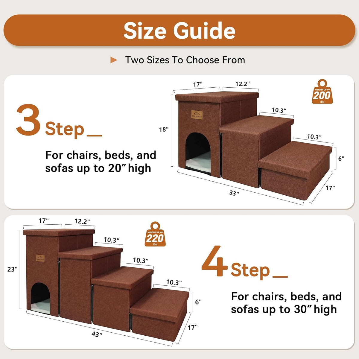 Zerbuger Dog Stairs with Storage, Brown 4 Steps Dog Ramp with Condo for Bed