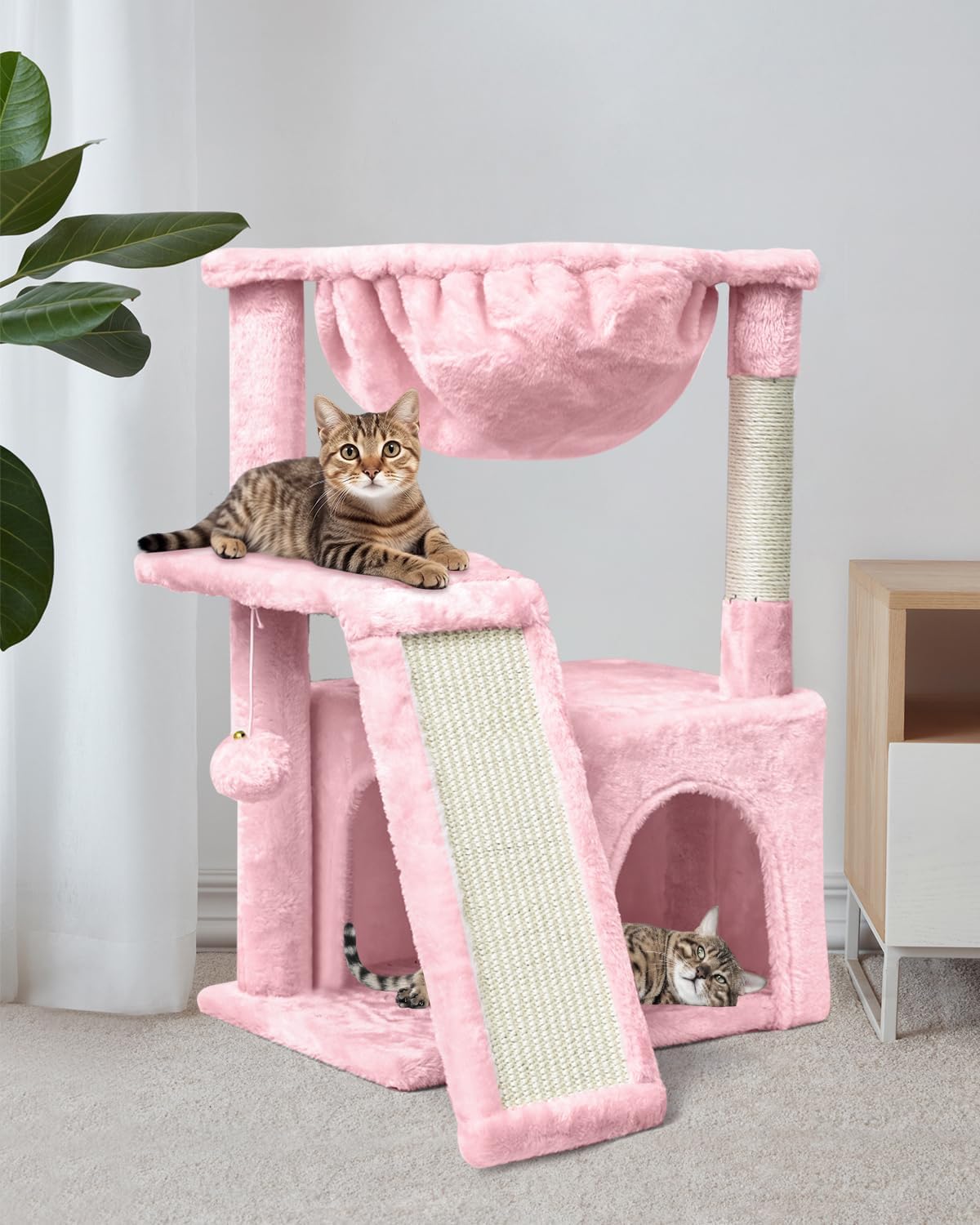 SYANDLVY Cat Tree for Indoor Cats Large Adults, Modern Activity Tower with Scratching Posts & Board, Condo with Plush Perch, Climbing Stand with Cradle & Hanging Ball for Play, Pink
