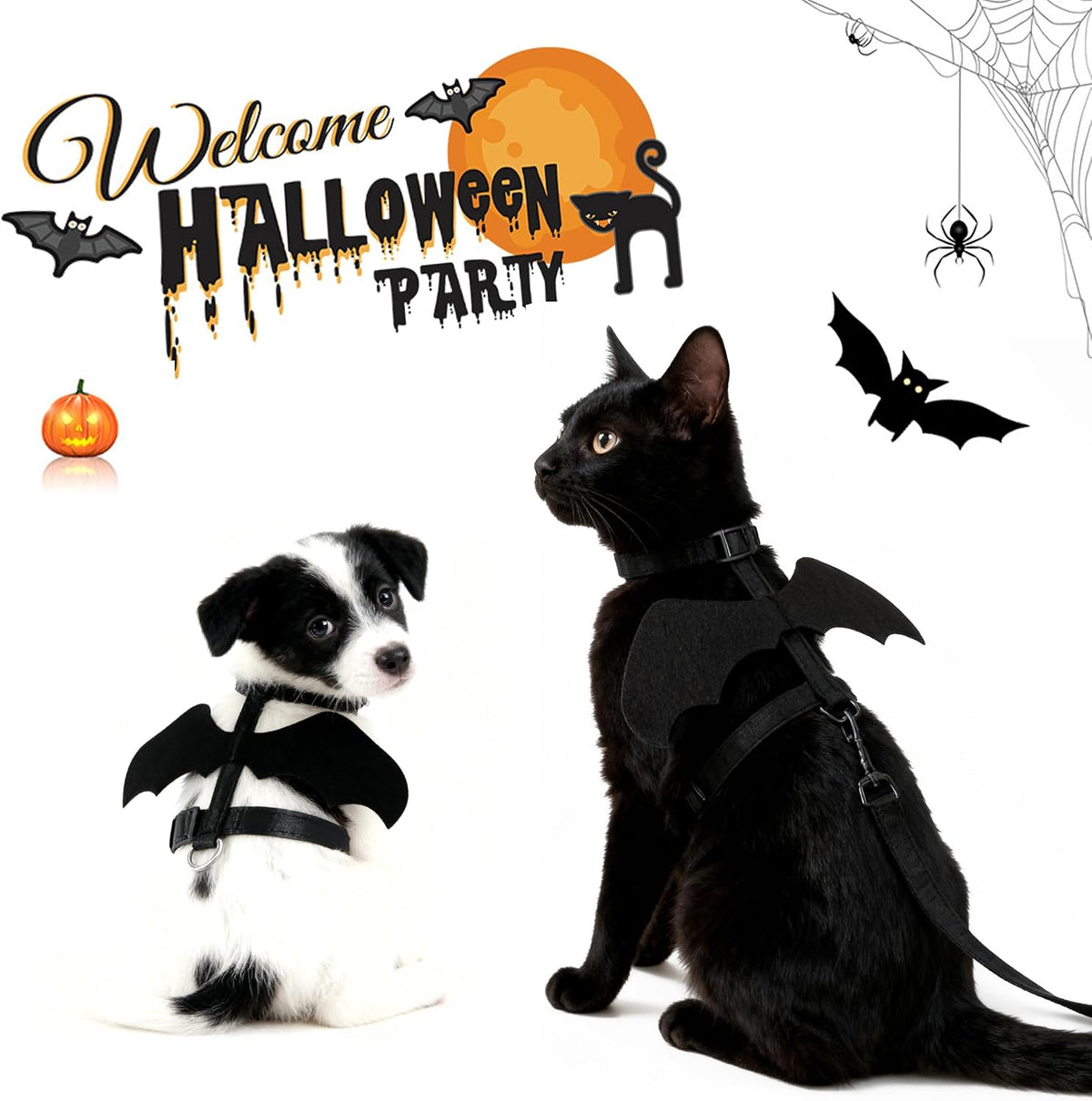 LeLehome Halloween Costume Pet Harness and Leash Set for Cats & Dogs - Cute Bat Wings with Pumpkin Jingle Bell, Adjustable Straps for Kitten, Puppy, Rabbit, Party Cosplay Accessory (S)