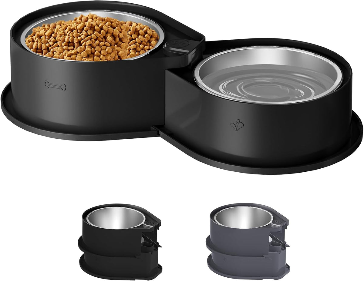 Newget 304 Stainless Steel Dog Bowl Set, 24oz Foldable Pet Dishes, Black | Dual Food & Water Pet Bowl, Anti-Skid, Keeps Food Fresh, Easy to Install, for Small - Large Dogs/Cats - Indoor & Outdoor Use