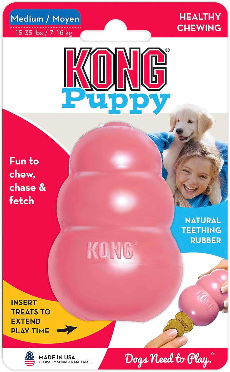 KONG Puppy, Natural Rubber Teething Chew Toy, for Small Puppies, Pink | Gentle Natural Teething Rubber Toy, Stuffable for Treats & Built for Chewing & Fetch with Growing Puppies