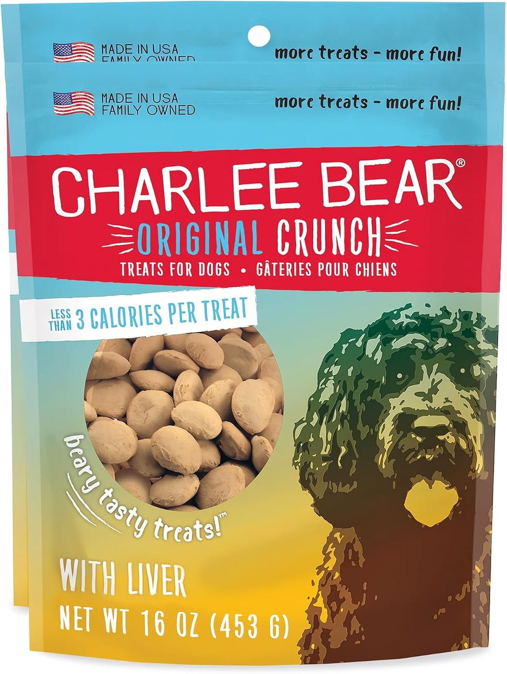 Charlee Bear Original Crunch Dog Treats, Chicken Liver, 16 Ounce Resealable Bag, Low Calorie Training Treats for Dogs, Limited Ingredient, Healthy, Crunchy Dog Snacks, Made in USA (Pack of 2)