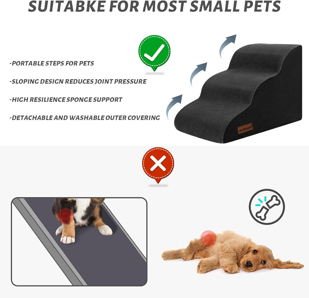 Aodisman Dog Stairs for Small Dogs and Cats,3-Step Pet Ramp for Couch,Chair