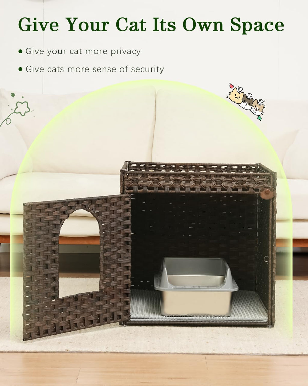 SETVSON Cat Litter Box Enclosure, Large PE Rattan Side Table, Brown