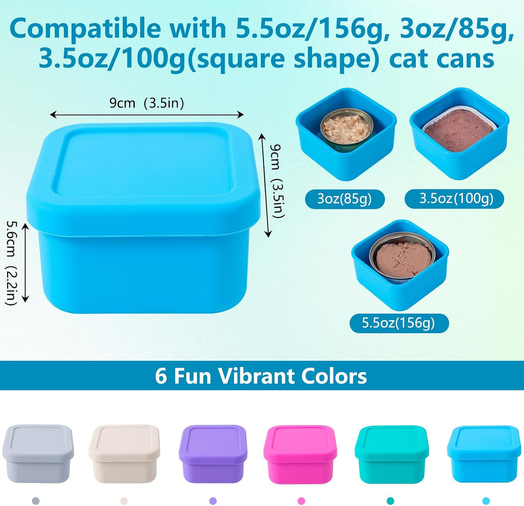 Cat Can Cover 5.5 oz Canned Food Storage Container, 2Pack Silicone Can Sealer with Airtight Lids Compatible with 5.5oz Friskies & 3.5oz Cesar Dog Can for Fridge to Keep Fresh (Turquoise and Blue)