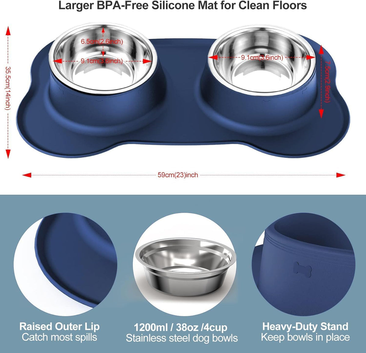 AsFrost Dog Food Bowls Stainless Steel Dog Bowls, Food Water Bowl Set with No Spill Non-Skid Silicone Mat, Dog Dish Double Pet Feeder Bowls for Small Medium Sized Large Dogs Cats Puppy, Blue