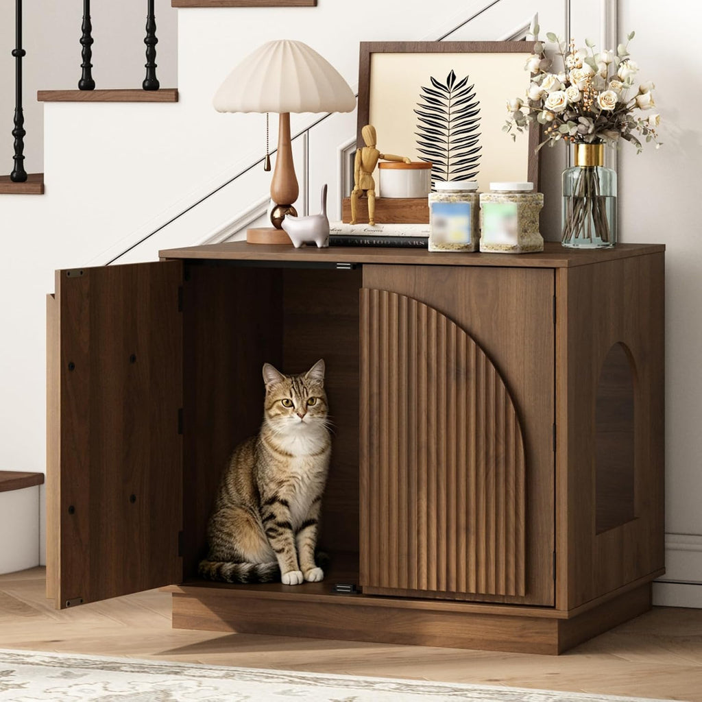 Cat Litter Box Enclosure, Modern Fluted Hidden Litter Box Furniture | 24.4" Tall Fits Most Litter Trays, Arched Fluted Door, Beveled Sides, 2.4" Reinforced Base, Rear Ventilation, Easy Assembly