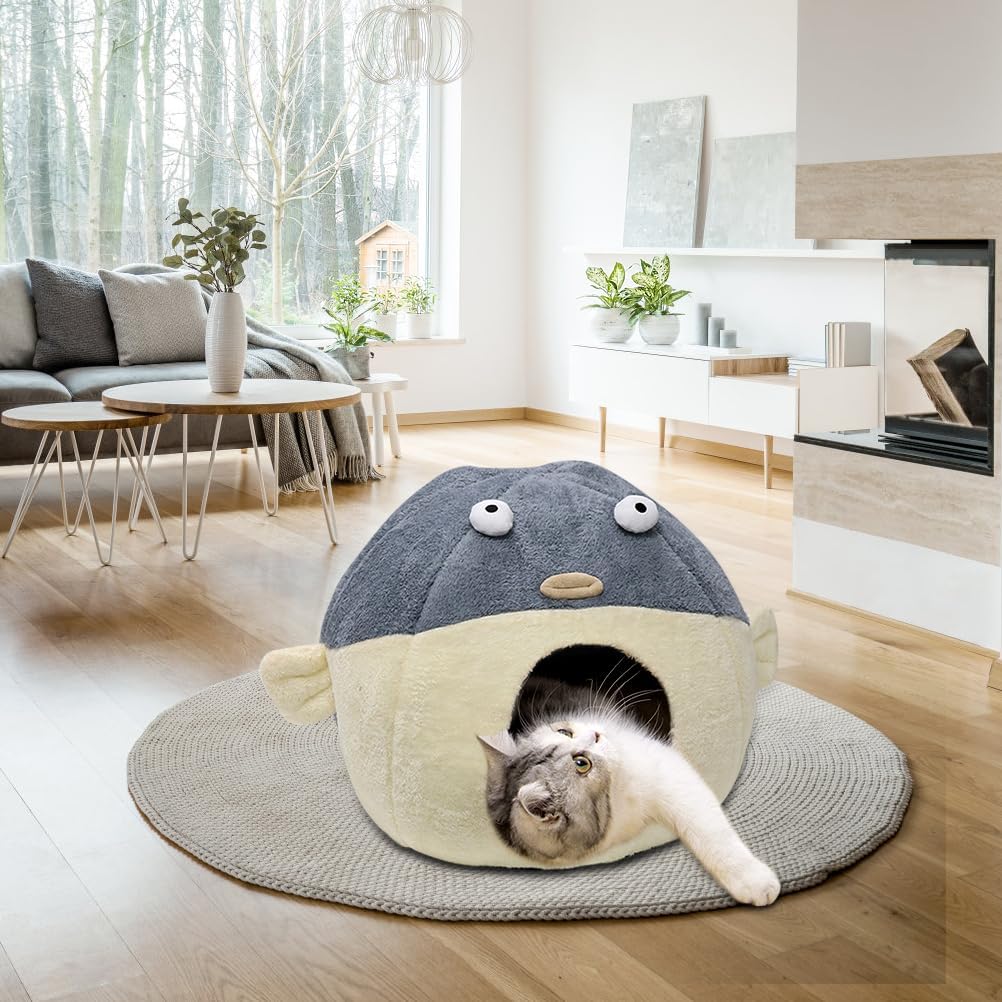 Cat Beds for Indoor Cats-19.7''Cute Pufferfish Larger Cat Cave Bed,Grey XL