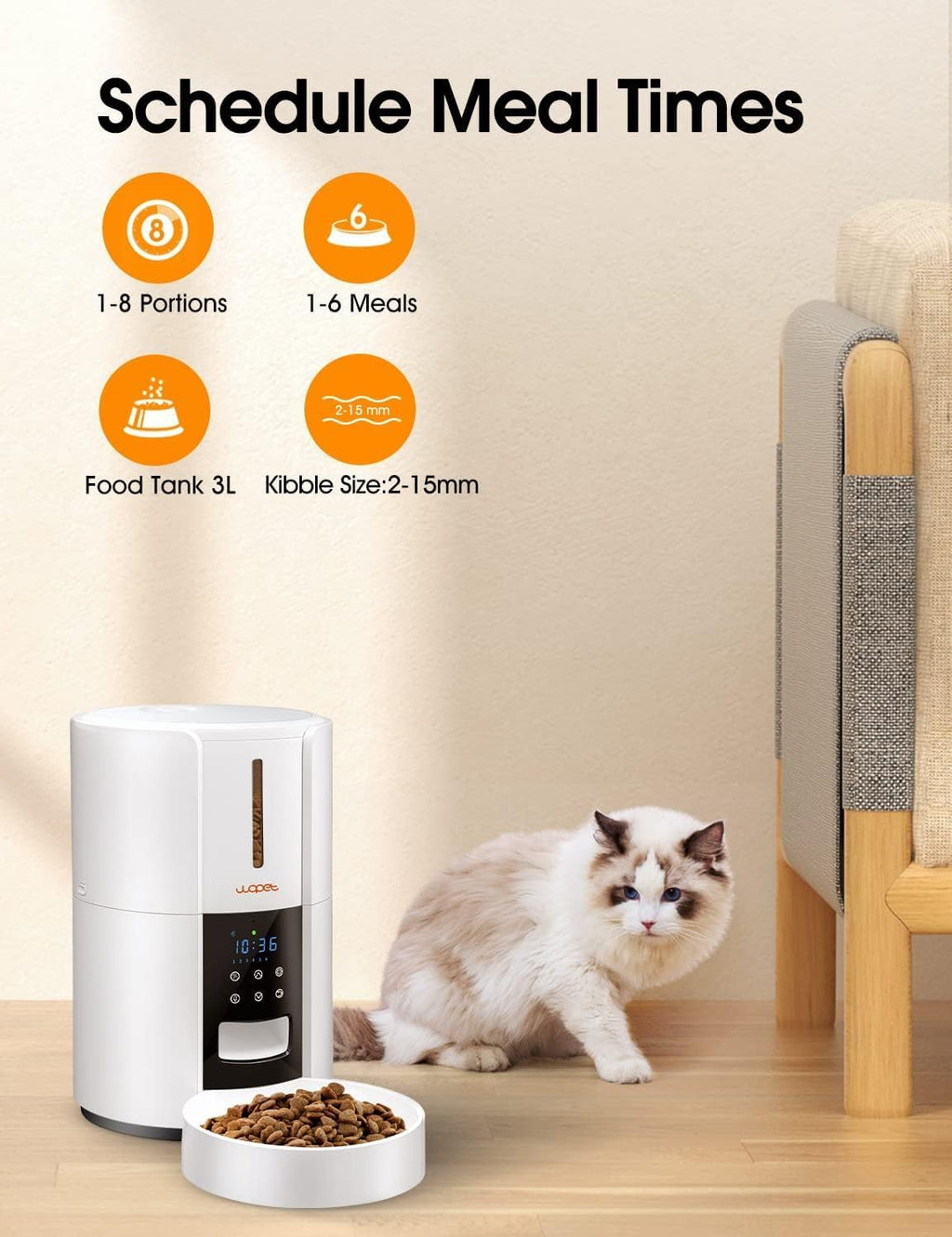 WOPET Automatic Cat Feeder, 3L Pet Dry Food Dispenser, Timed Portion Control with 6 Meals, Voice Recorder, Battery Backup