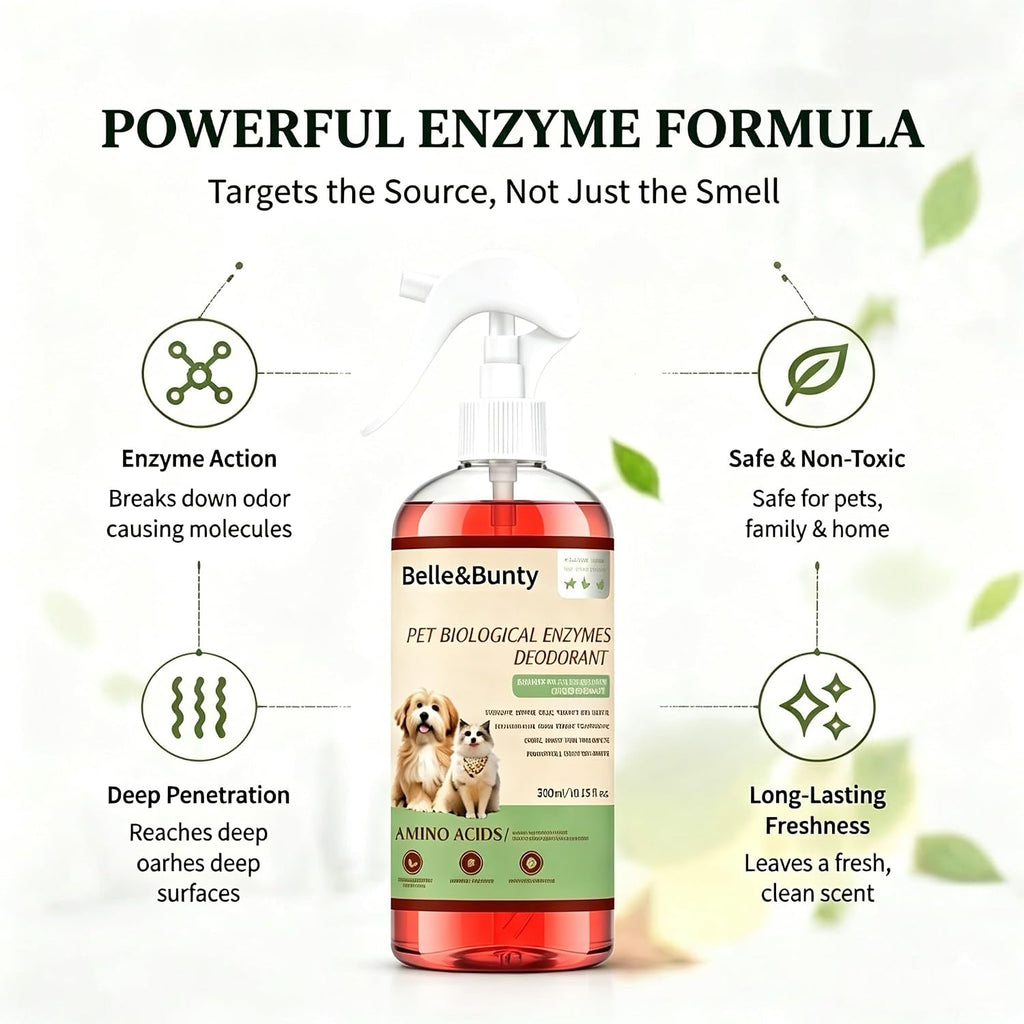 Belle & Bunty Pet Odor Eliminator Spray, Enzyme Cleaner for Dog Urine and Cat Urine, Pet Stain & Odor Remover for Carpet, Cat Litter Deodorizer, Dog Pee Cleaner for Home, Kennel and Furniture, 300ml