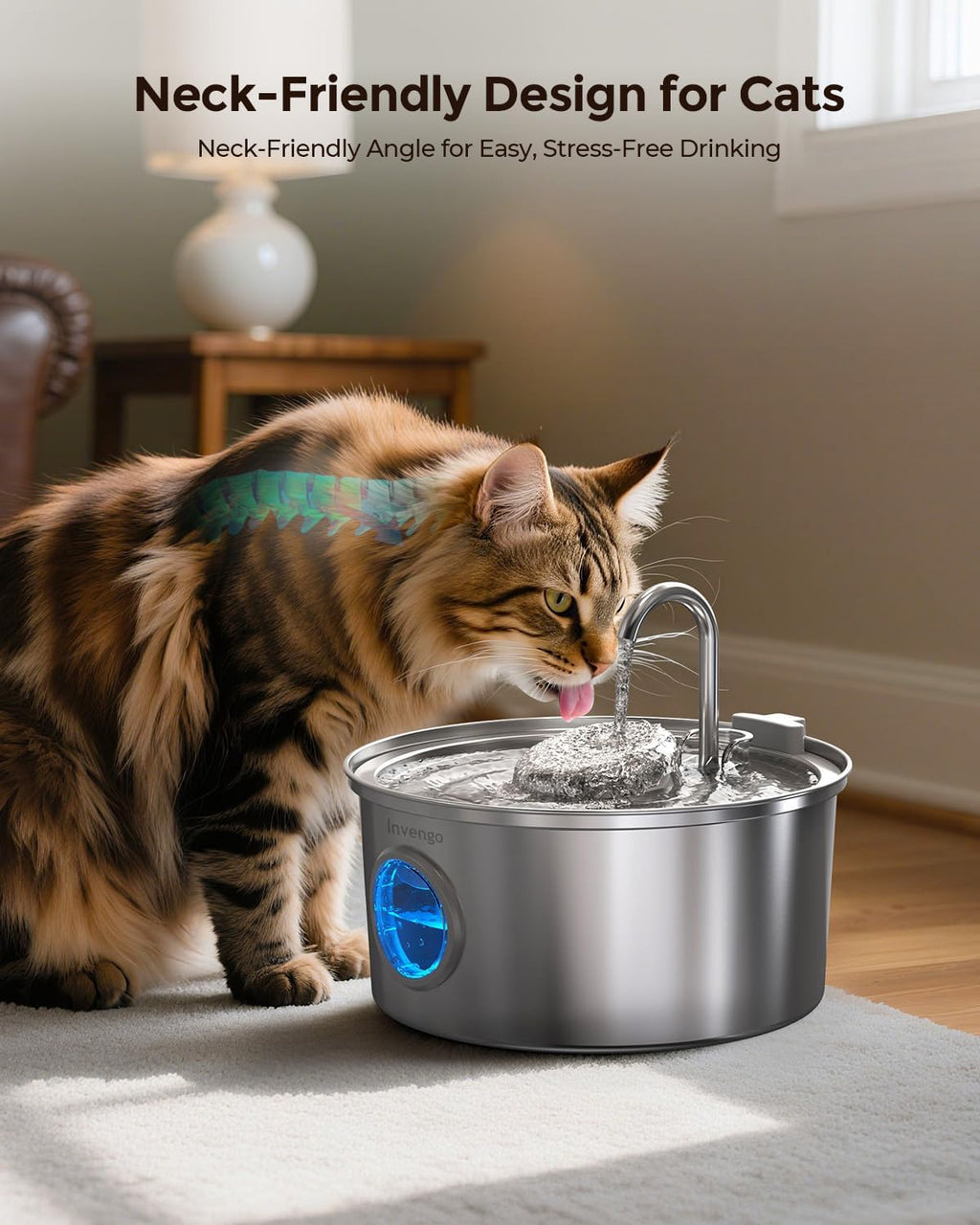 Invengo Cat Water Fountain Stainless Steel 3.2L/108oz Pet Drinking Fountain